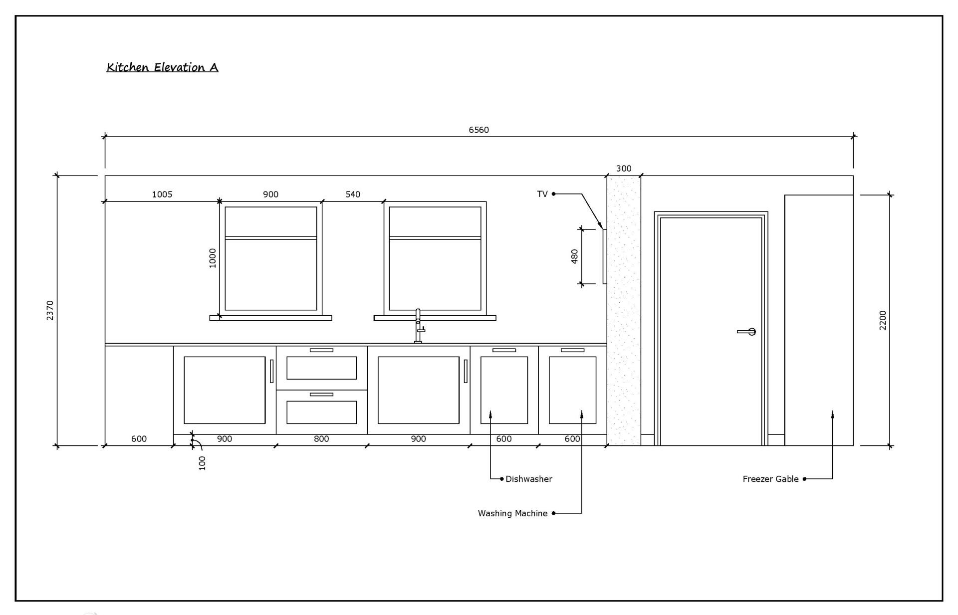 A black and white drawing of a kitchen with cabinets and a door.