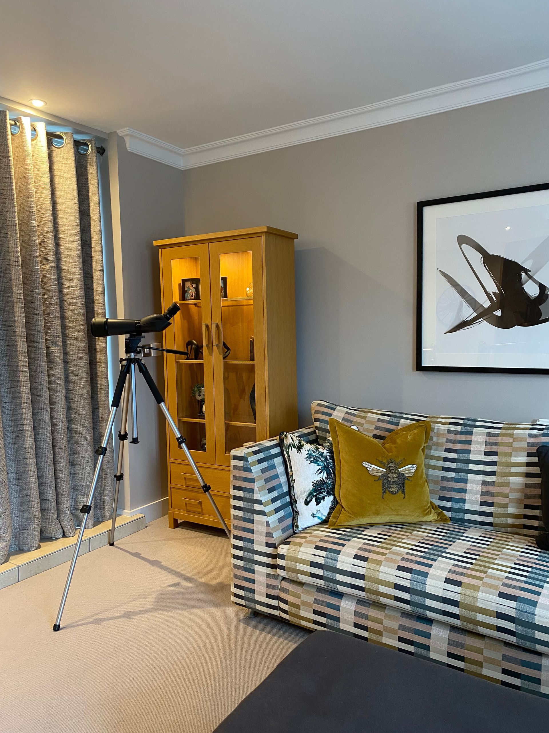 A living room with a couch , cabinet , and telescope.