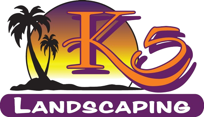 A logo for k5 landscaping with a sunset and palm trees
