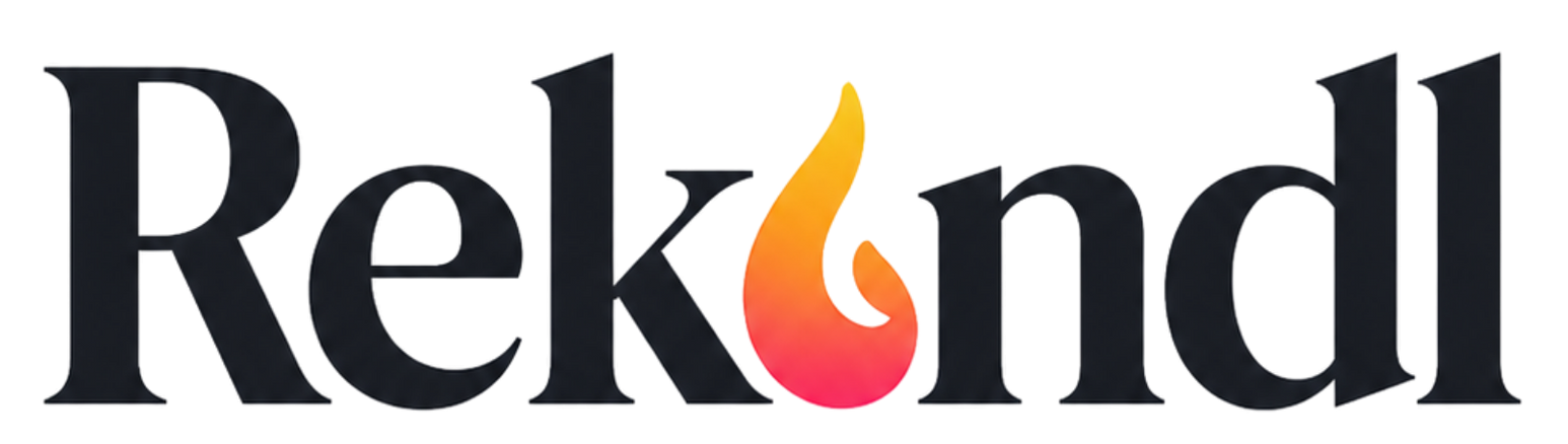 Rekindl logo in black with a pink-orange flame inside the letter “o”