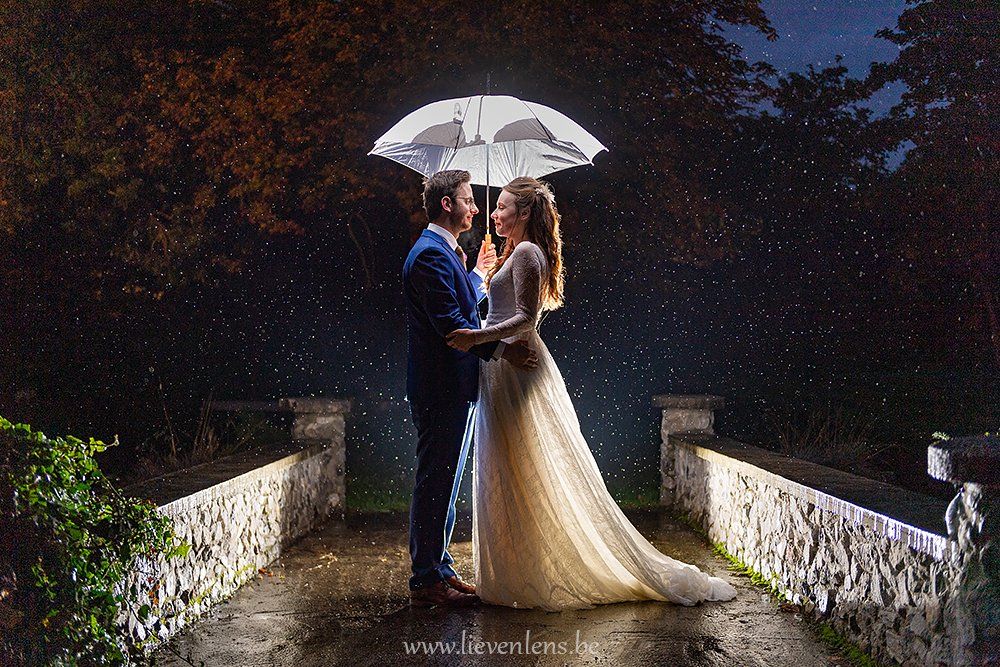 Bride and groom in the rain