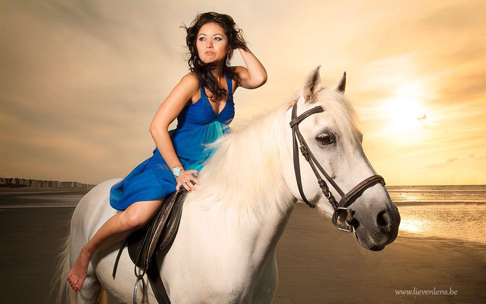 wit paard met model aan de zee