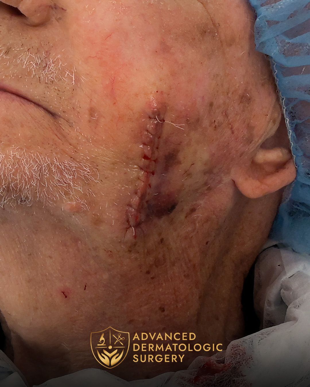Close up of a mans jawline after reconstruction surgery