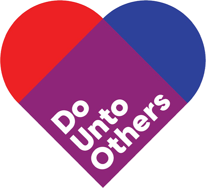 Red, purple and blue heart that says Do Unto Others in white text