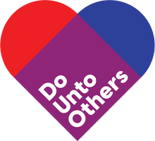 Red, purple and blue heart that says Do Unto Others in white text