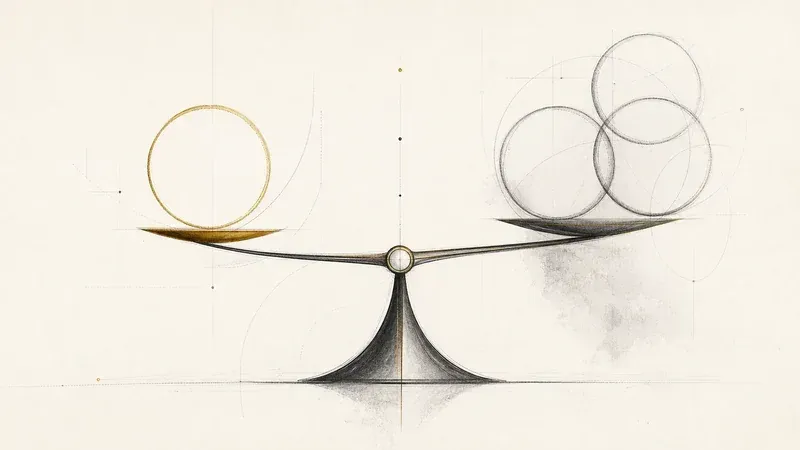 Minimalist balance scale with gold and gray circles on a white background