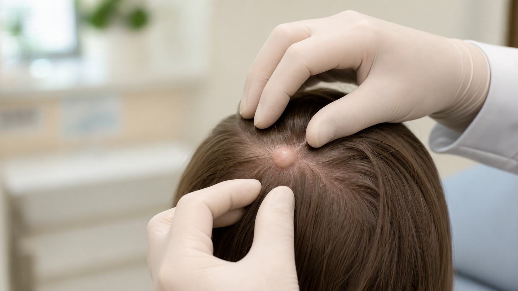 A dermatologic surgeon is examining a smooth pilar cyst on the scalp with hair gently parted.