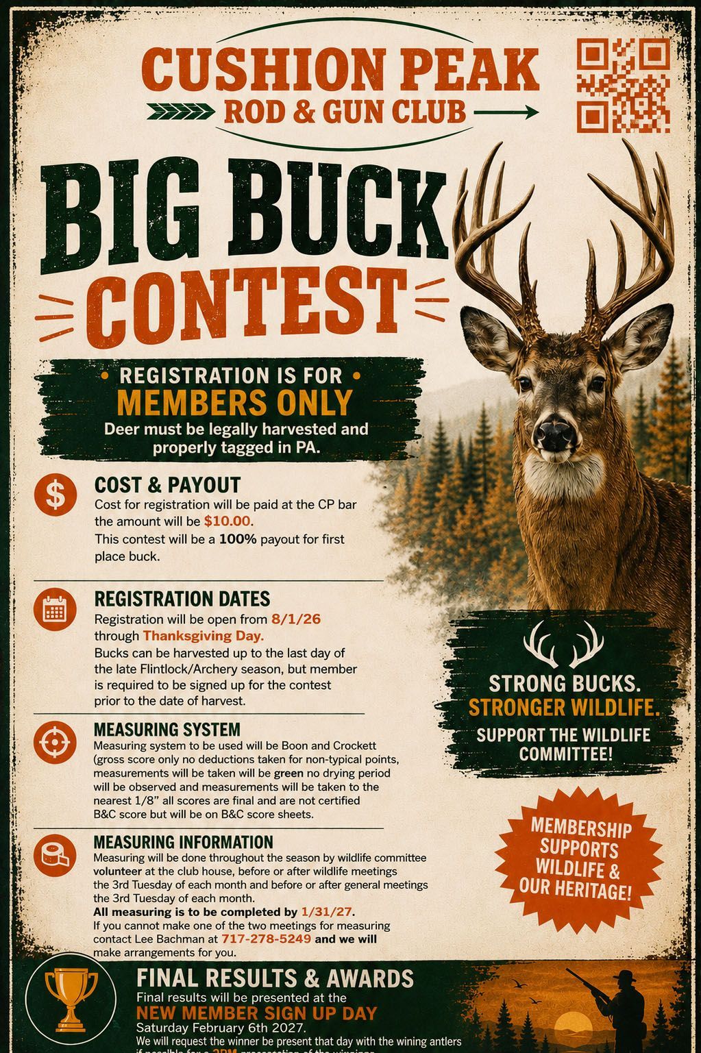 Cushion Peak Rod & Gun Club Big Buck Contest poster with deer, orange and green text, and event details.