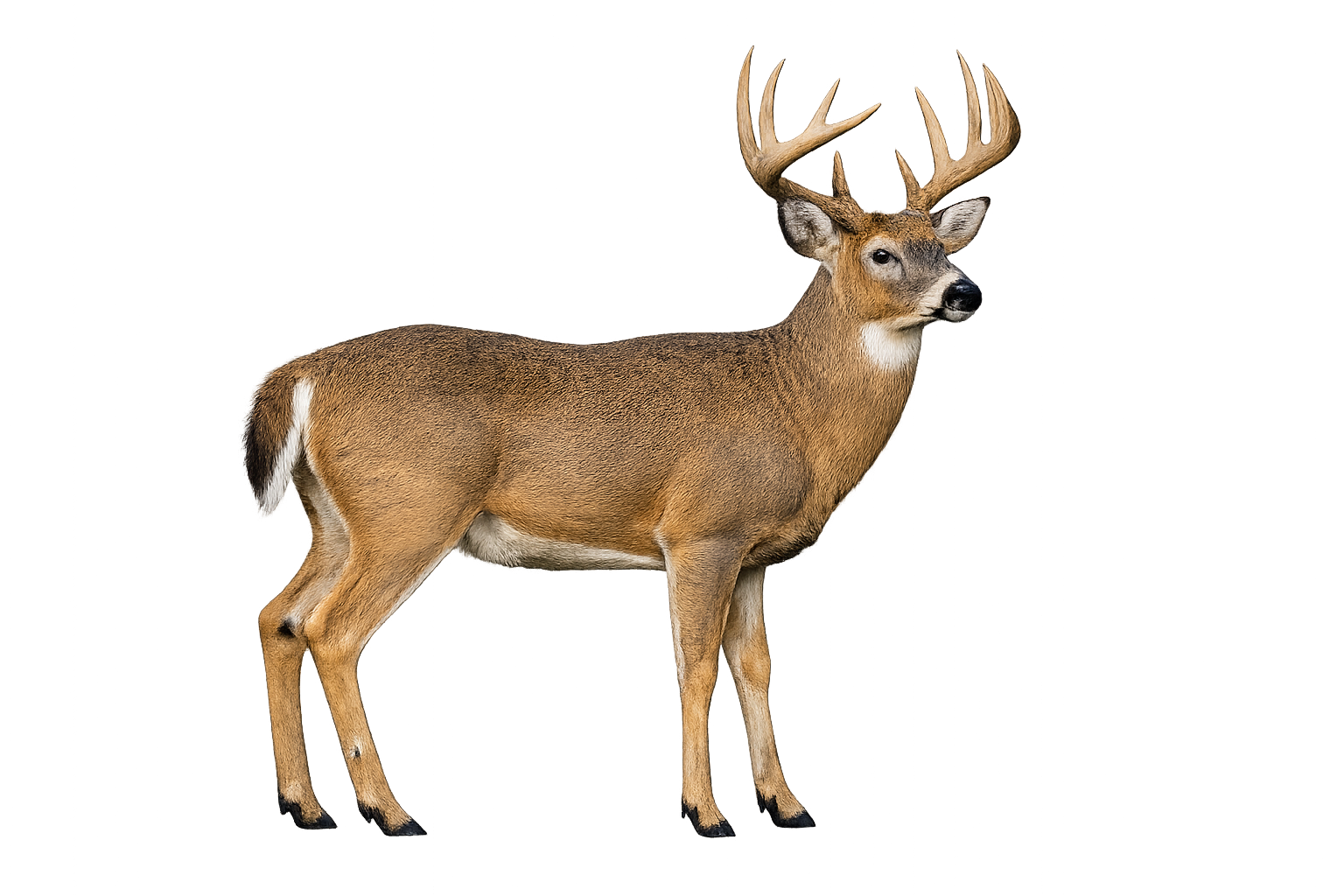 Brown deer with antlers standing on a white background
