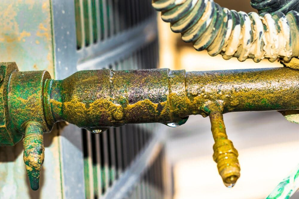 Corroded And Weathered HVAC Copper Piping With Visible Moisture Droplets — Leak & Co in Zuccoli, NT 
