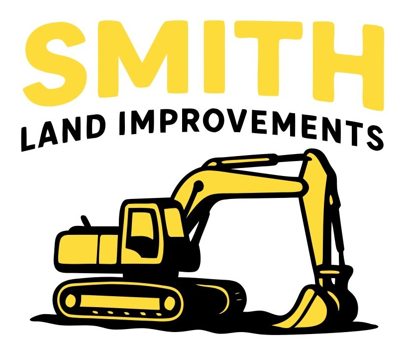 Yellow and black logo for Smith Land Improvements featuring an excavator.