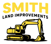 Yellow and black logo for Smith Land Improvements featuring an excavator.