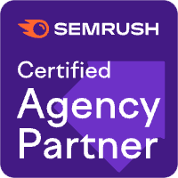 SEMrush Certified Agency Partner badge, purple and white text.
