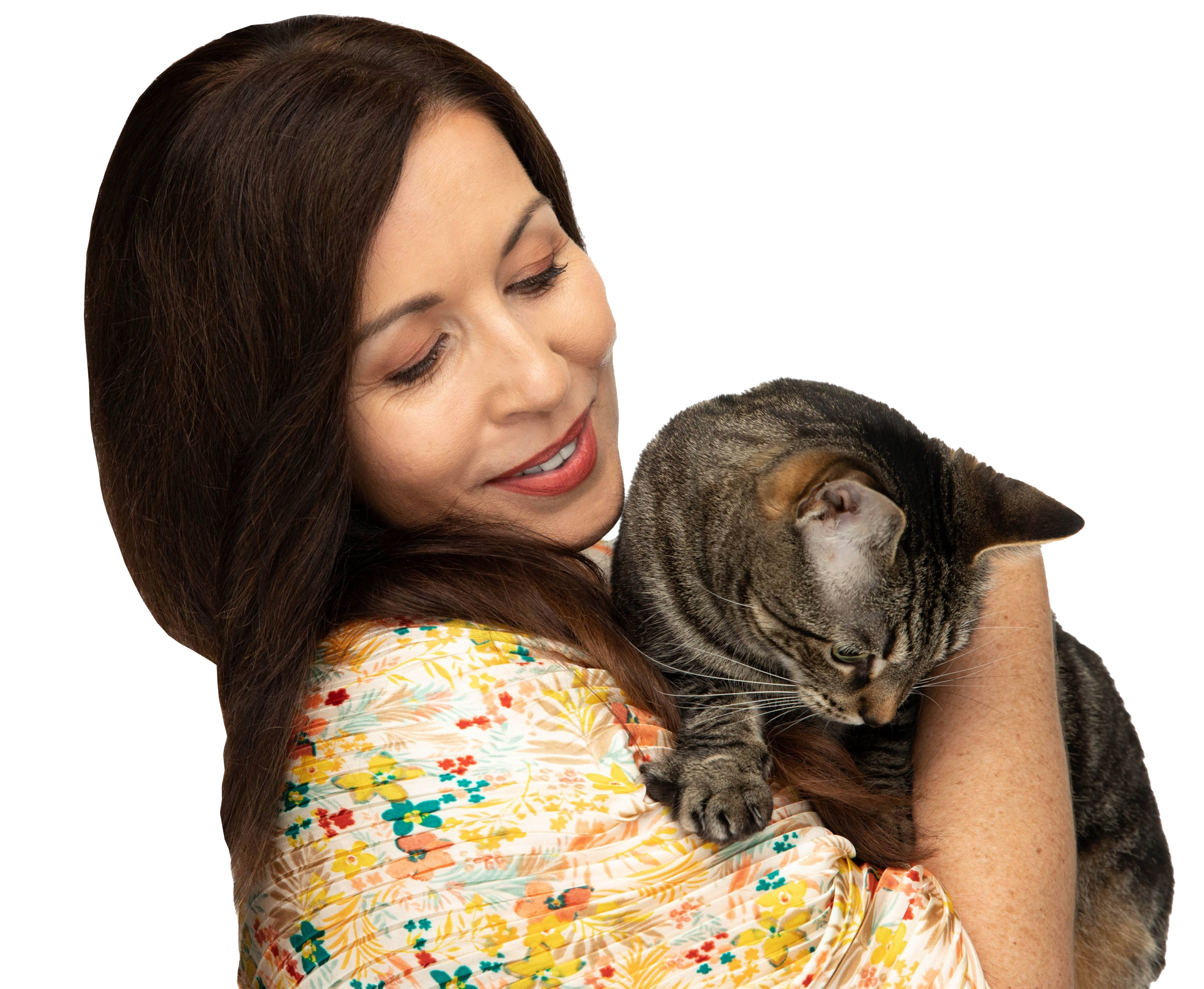 Woman with long brown hair smiles, holding a tabby cat, close-up.