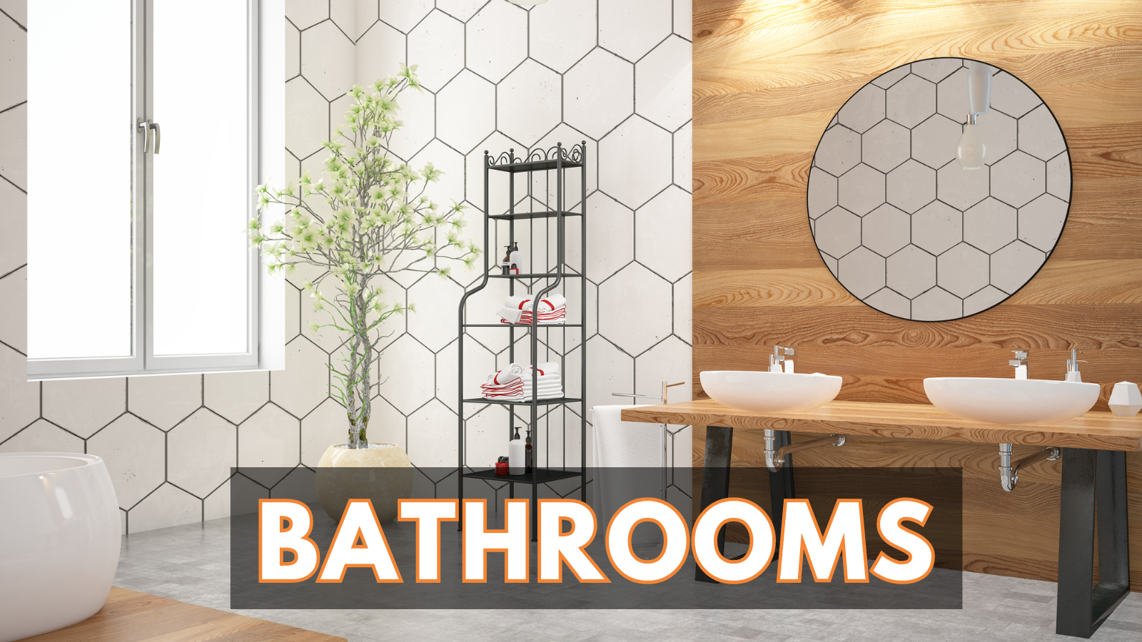 A bathroom with two sinks , a mirror and a window.