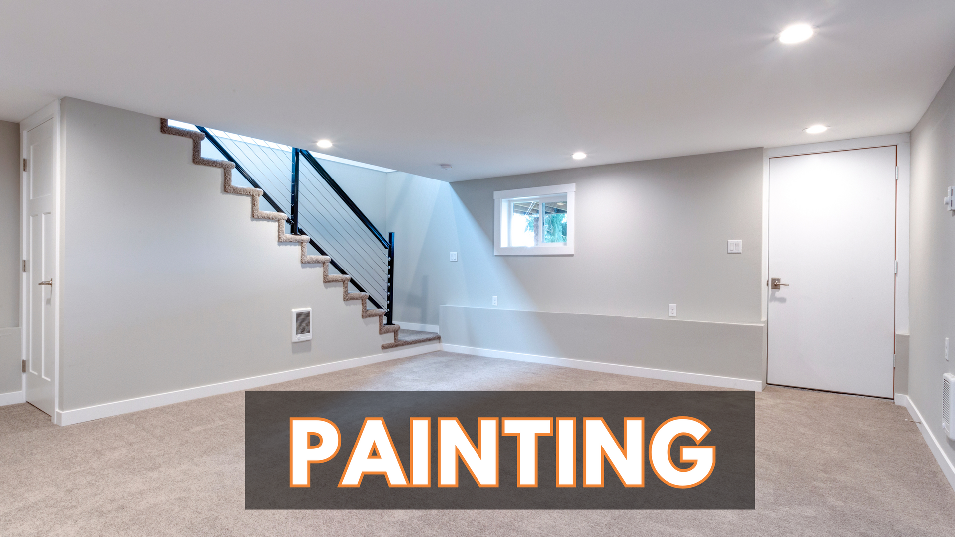 A basement with a staircase and a sign that says painting