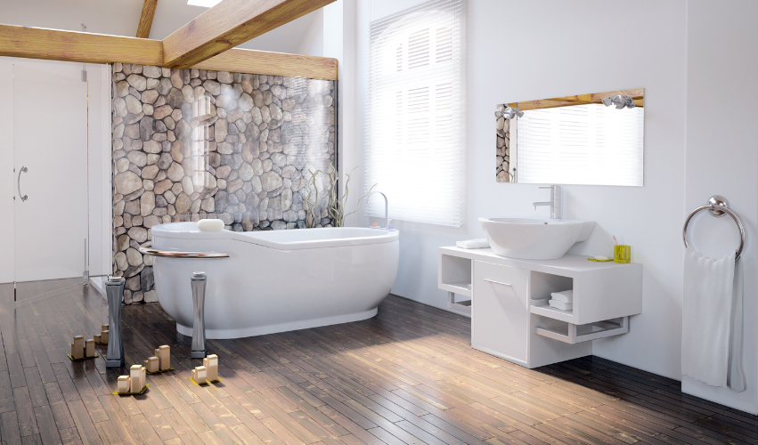 A bathroom with two sinks , a toilet , and a walk in shower.