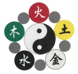 A yin yang symbol is surrounded by chinese symbols