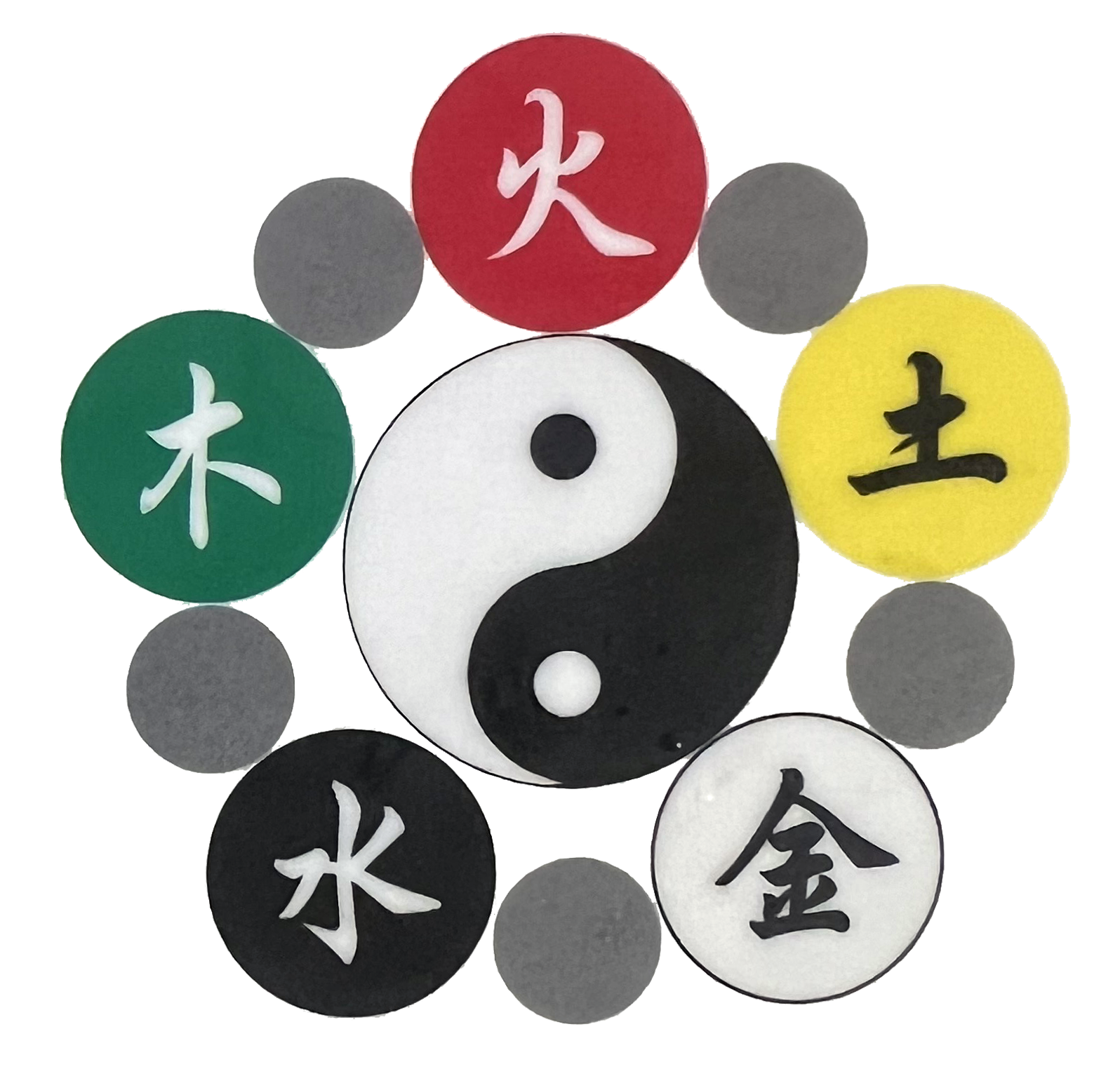 A yin yang symbol is surrounded by chinese symbols