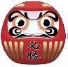 A red daruma doll with an angry face on a white background.