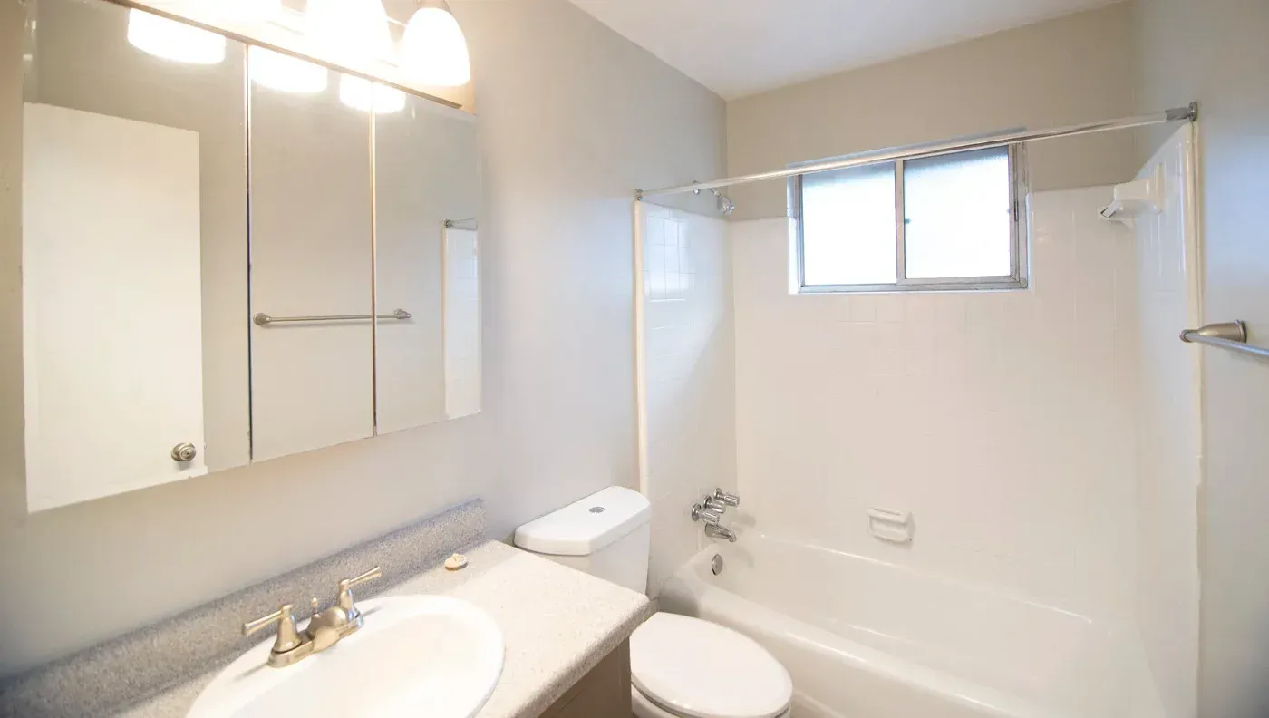Bathroom with white fixtures, vanity, toilet, tub, window, and mirrored medicine cabinet; light gray walls.
