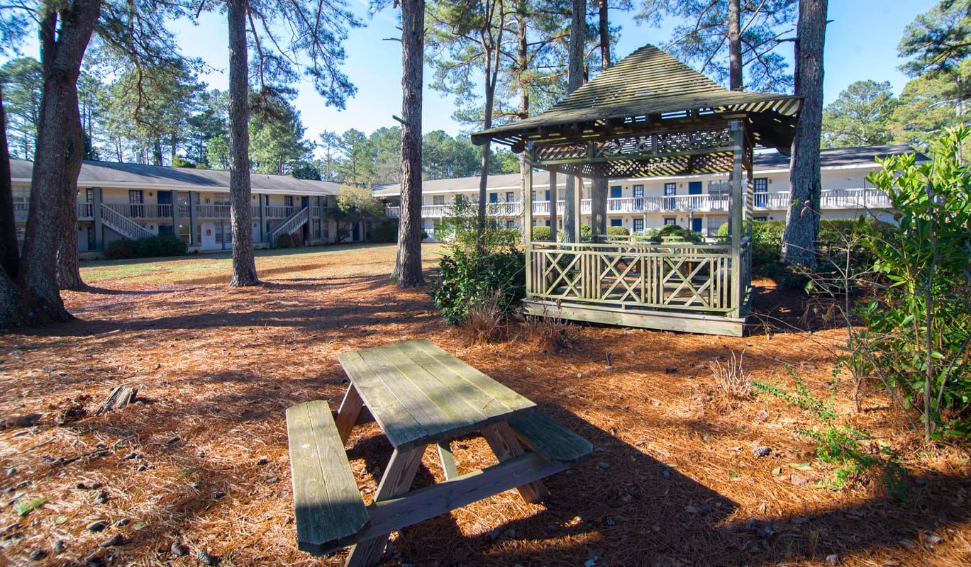 Picnic table and gazebo in a wooded area with buildings in the background.