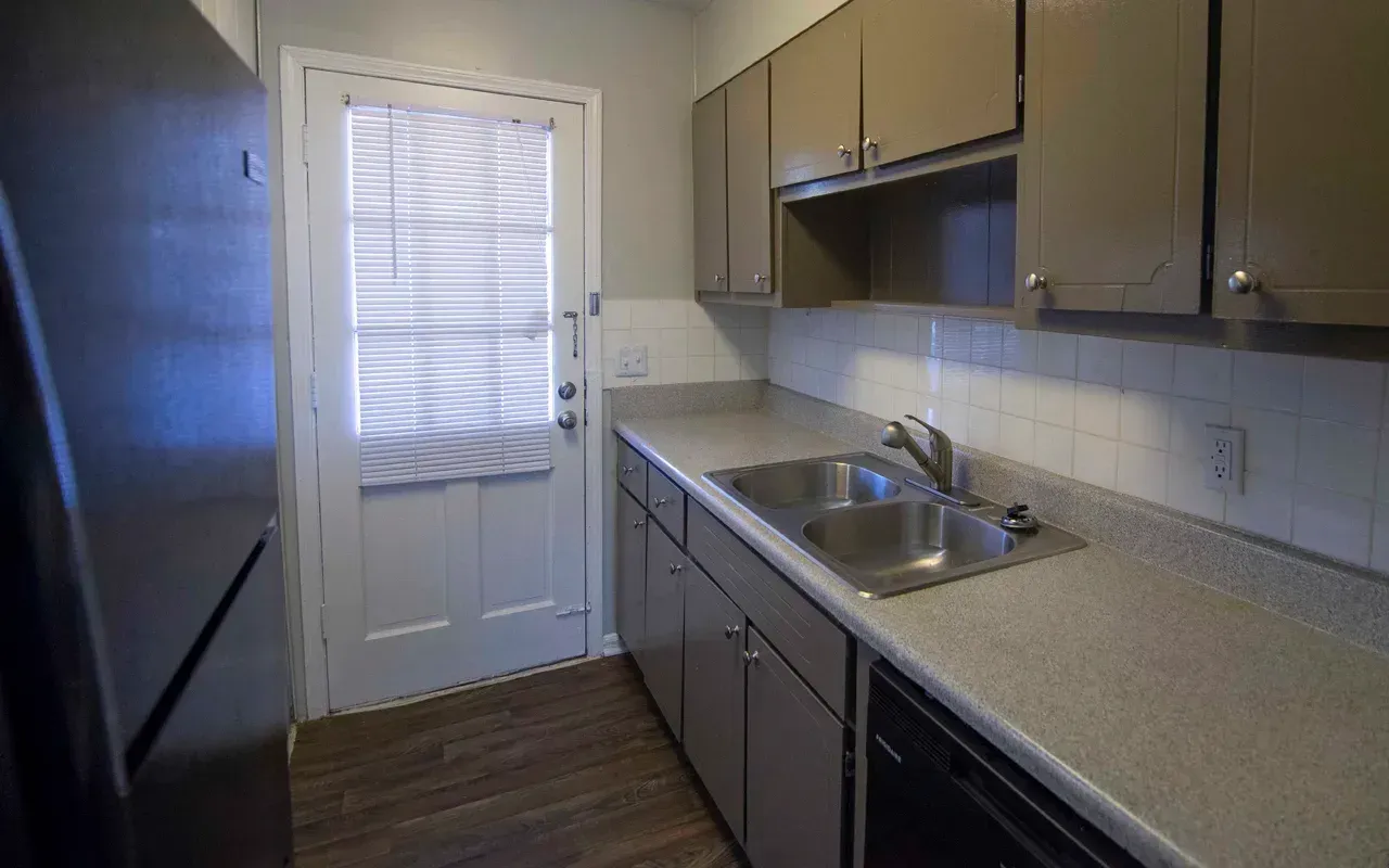 Kitchen with cabinets, sink, door to outdoors, and dark flooring.