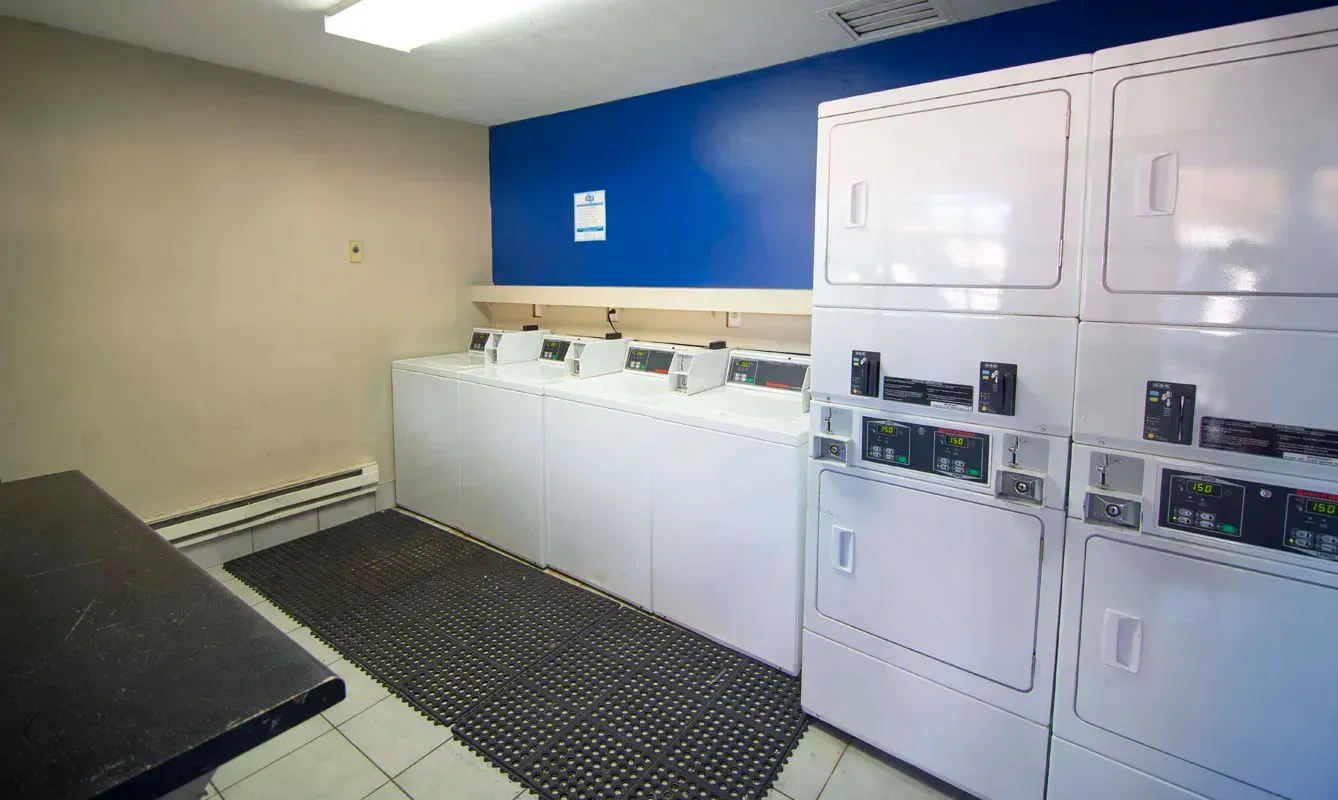 Laundry room with white machines, blue accent wall, black rug, beige wall, and a table.