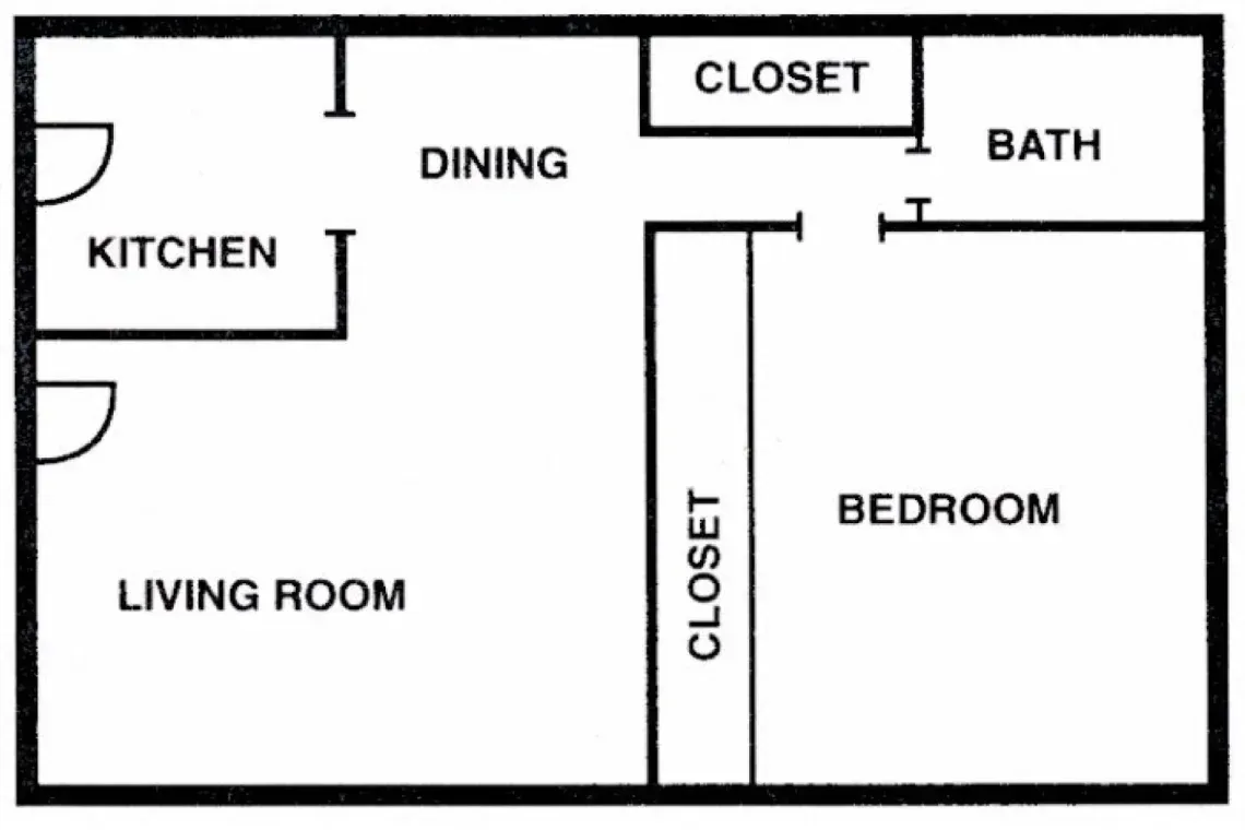 An aerial view of a floor plan of a 1 bedroom house