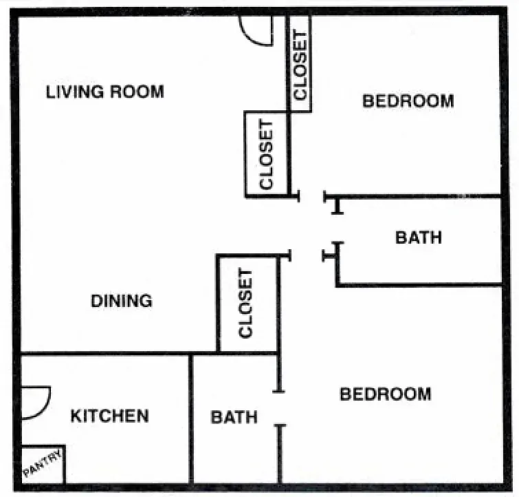 A plan of a house with two bedrooms , a living room , and a bathroom.