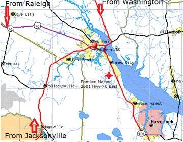 Map showing roads leading to New Bern, NC, with labels 