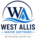 West Allis Water Softener Logo with WA Lettermark, Water Droplet, Wave Graphic, Tagline, and Company Name in West Allis, WI