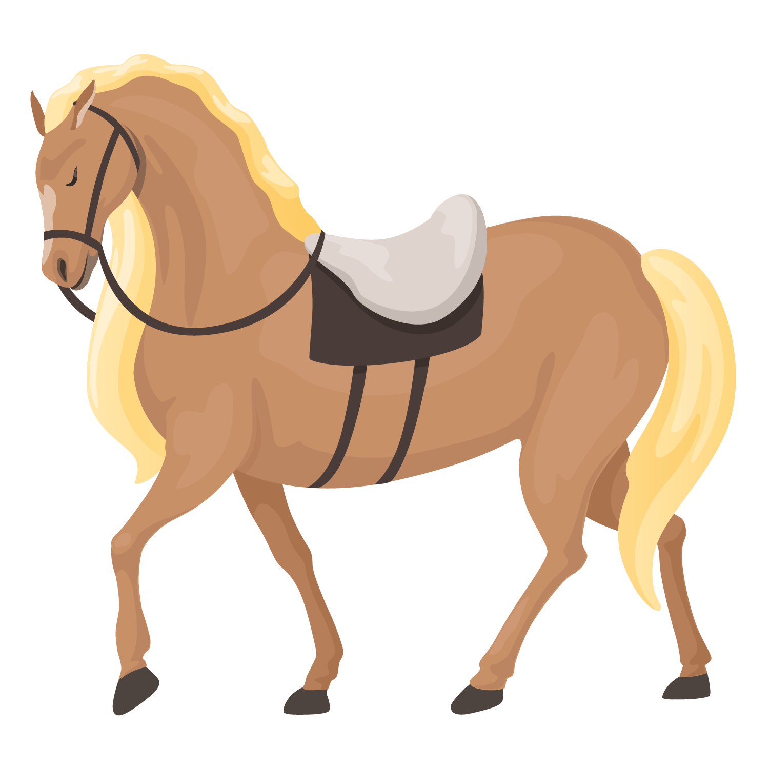 Illustration Pferd mit heller Mähne und Sattel