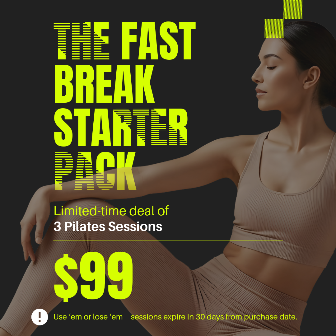 A Pilates promotional ad offering three sessions for $99, featuring a person in beige workout gear against a dark background.