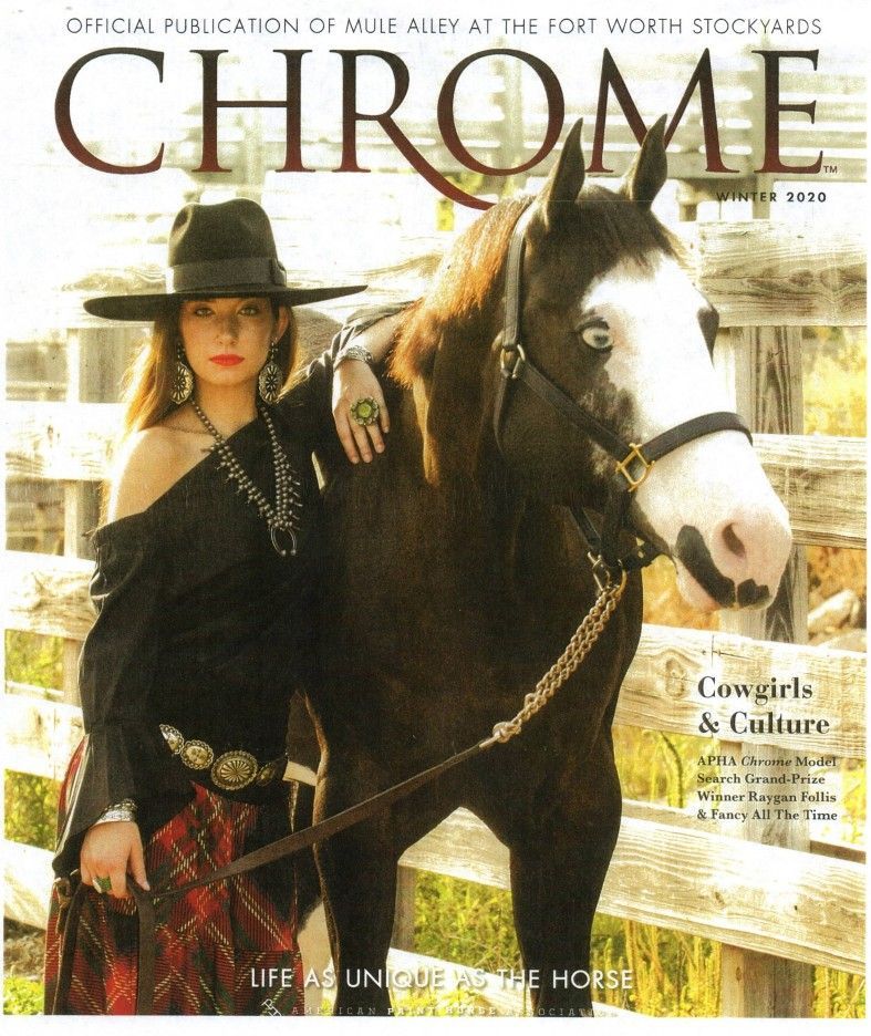 A woman standing next to a horse on the cover of chrome magazine