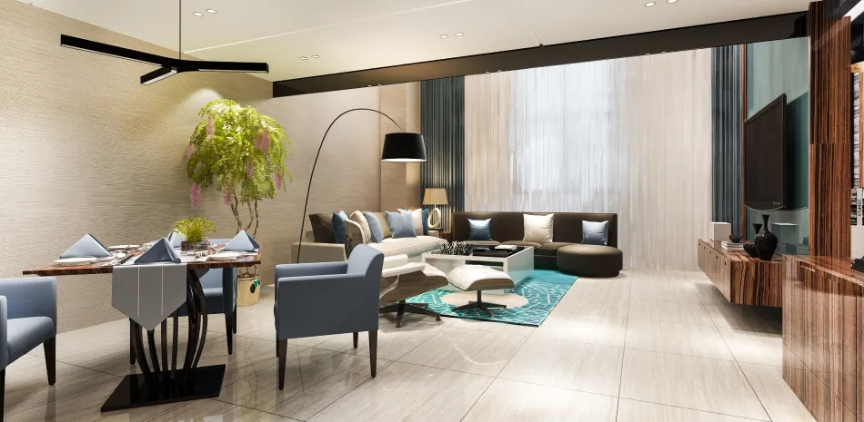 A living room with a couch , chairs , a table and a television.