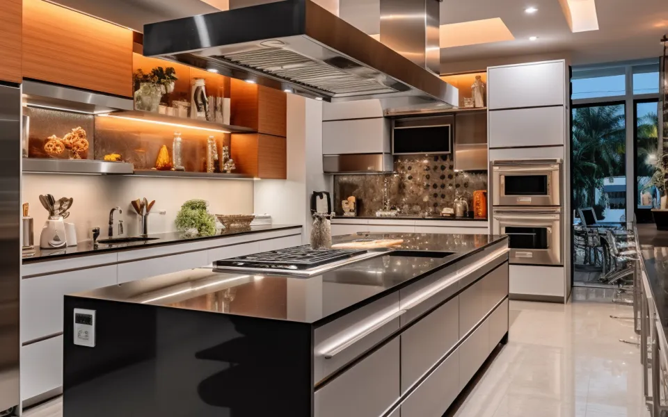 A modern kitchen with stainless steel appliances and a large island.
