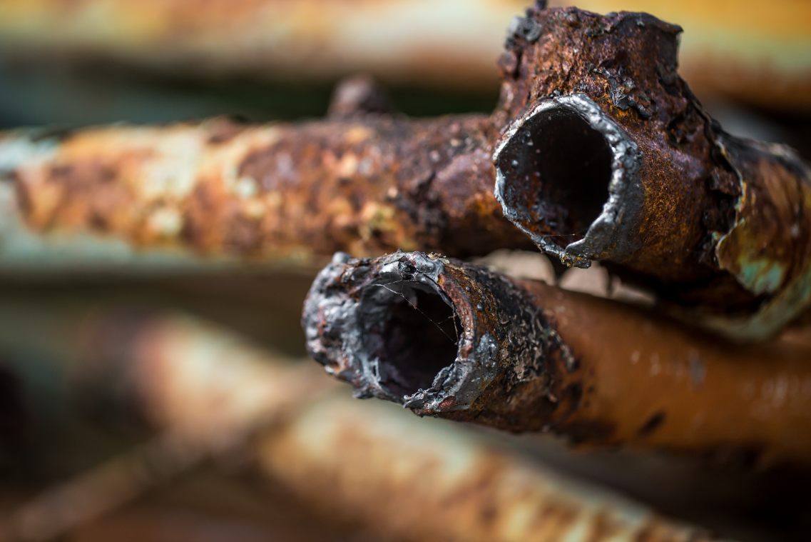 A close up of two rusty pipes stacked on top of each other.