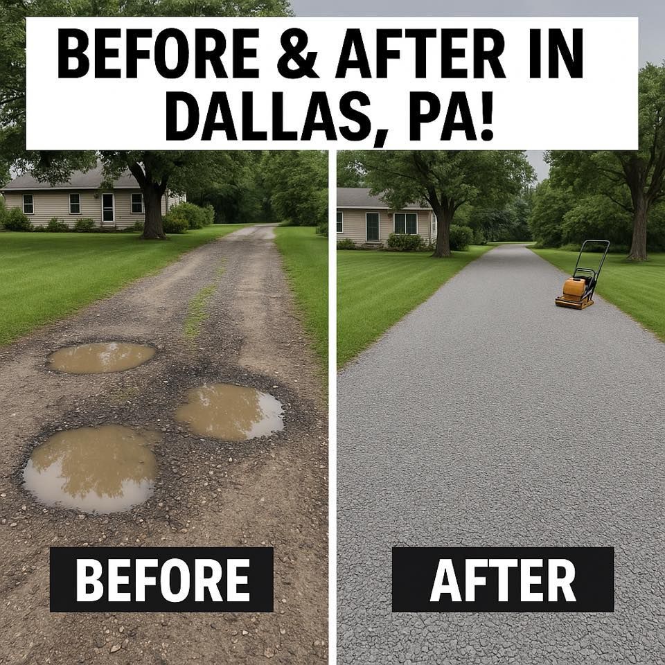 Before and after of a gravel driveway in Dallas, PA. Potholes filled and compacted for a smooth, even surface.