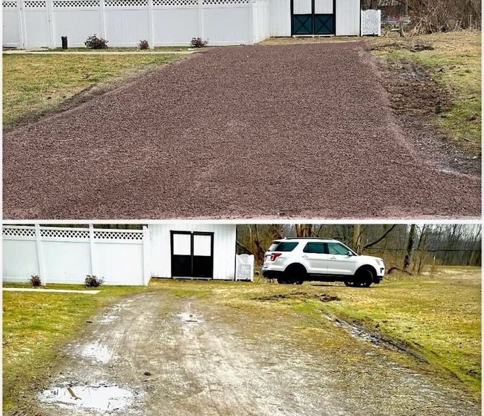 Top: Gravel driveway leading to a white building. Bottom: Wet, muddy driveway with a car.