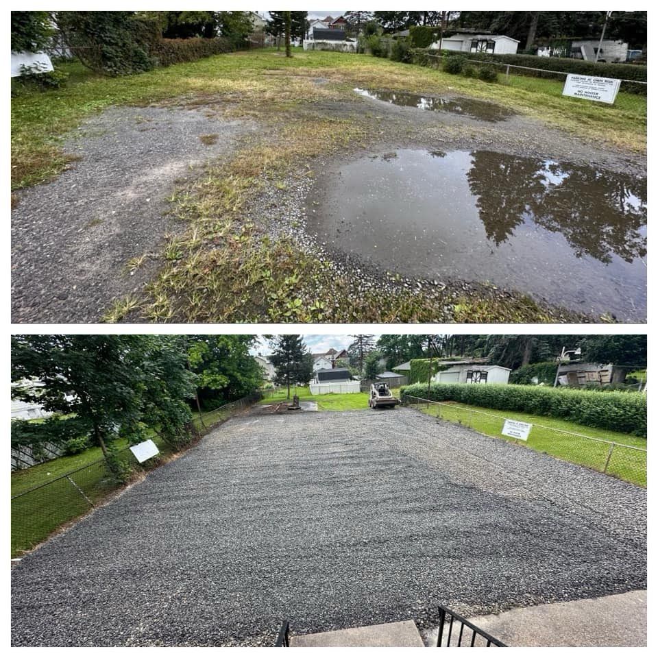 Top: Gravel parking area with puddles. Bottom: Newly paved, dark gravel parking area.