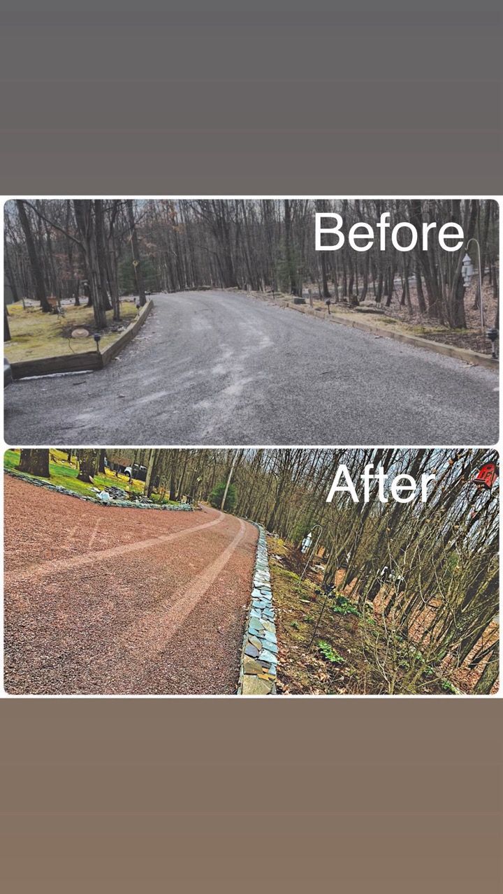 Before and after photos of a driveway. Before, gray gravel. After, red gravel. Trees line both sides.