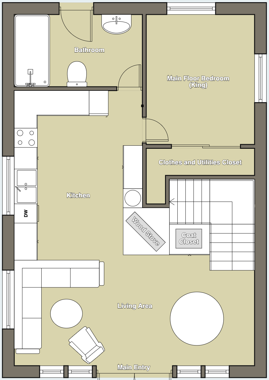 A firs floor floor plan of a house with a staircase, living and dining room, kitchen, and bedroom.