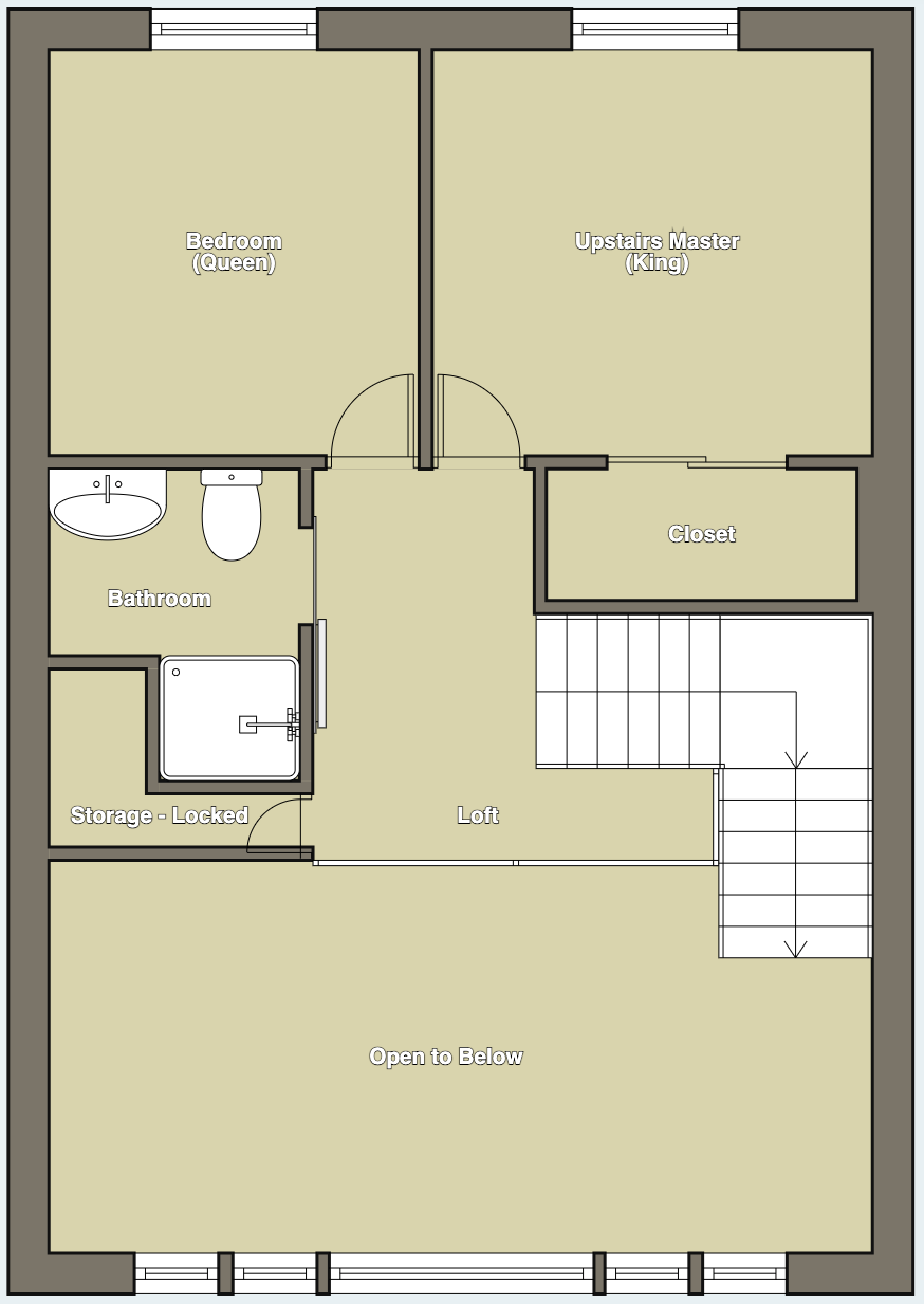 A second floor floor plan of a house with two bedrooms and a staircase