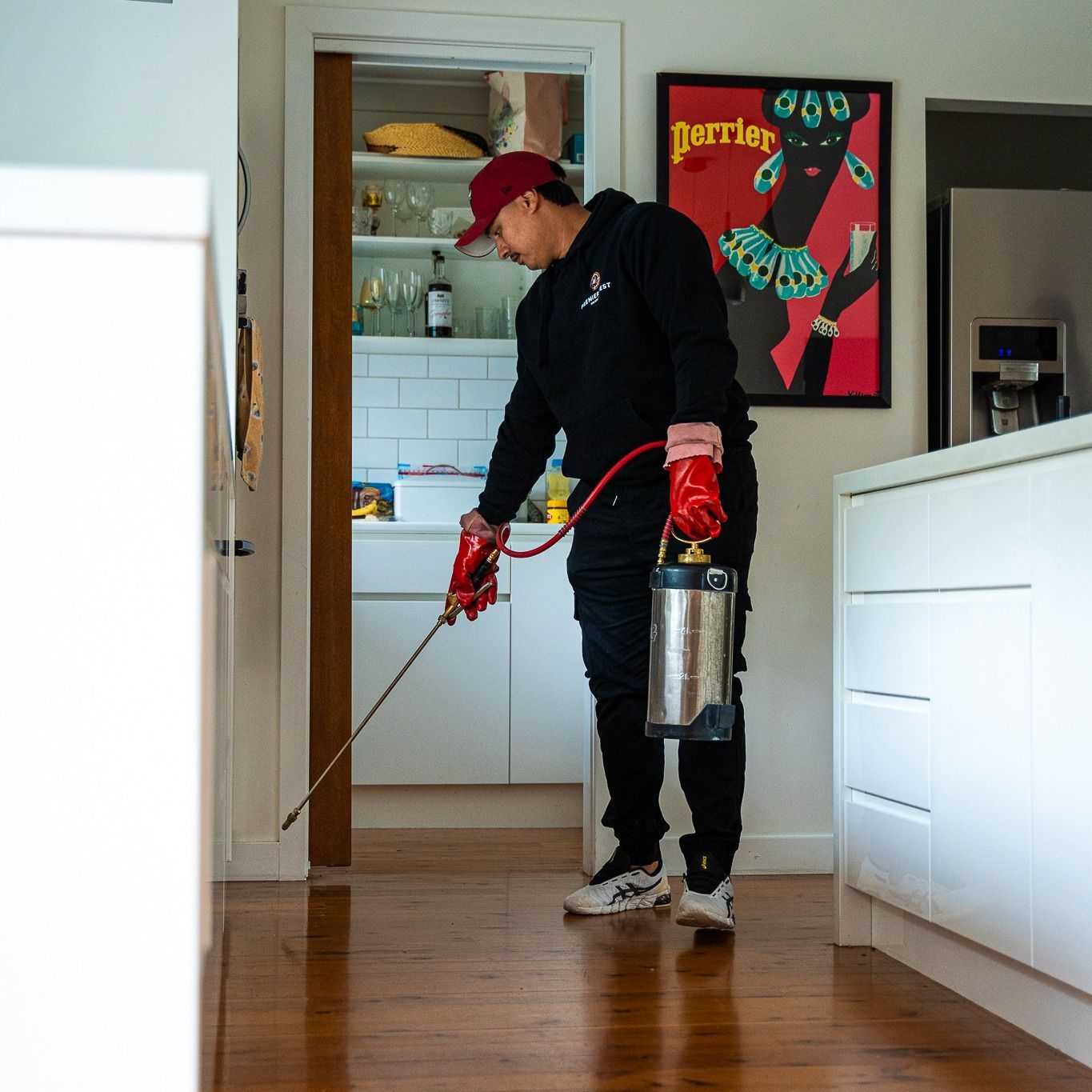 Pest Control Technician Spraying a Home Interior — Premier Pest Control Wollongong In Macarthur, NSW