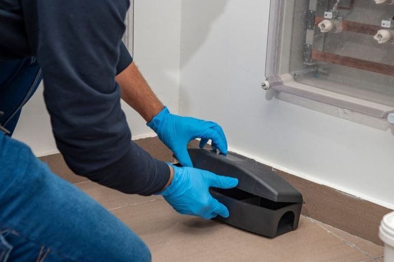 Person Wearing Blue Gloves Setting a Black Mouse Trap — Premier Pest Control Wollongong In Blacktown, NSW