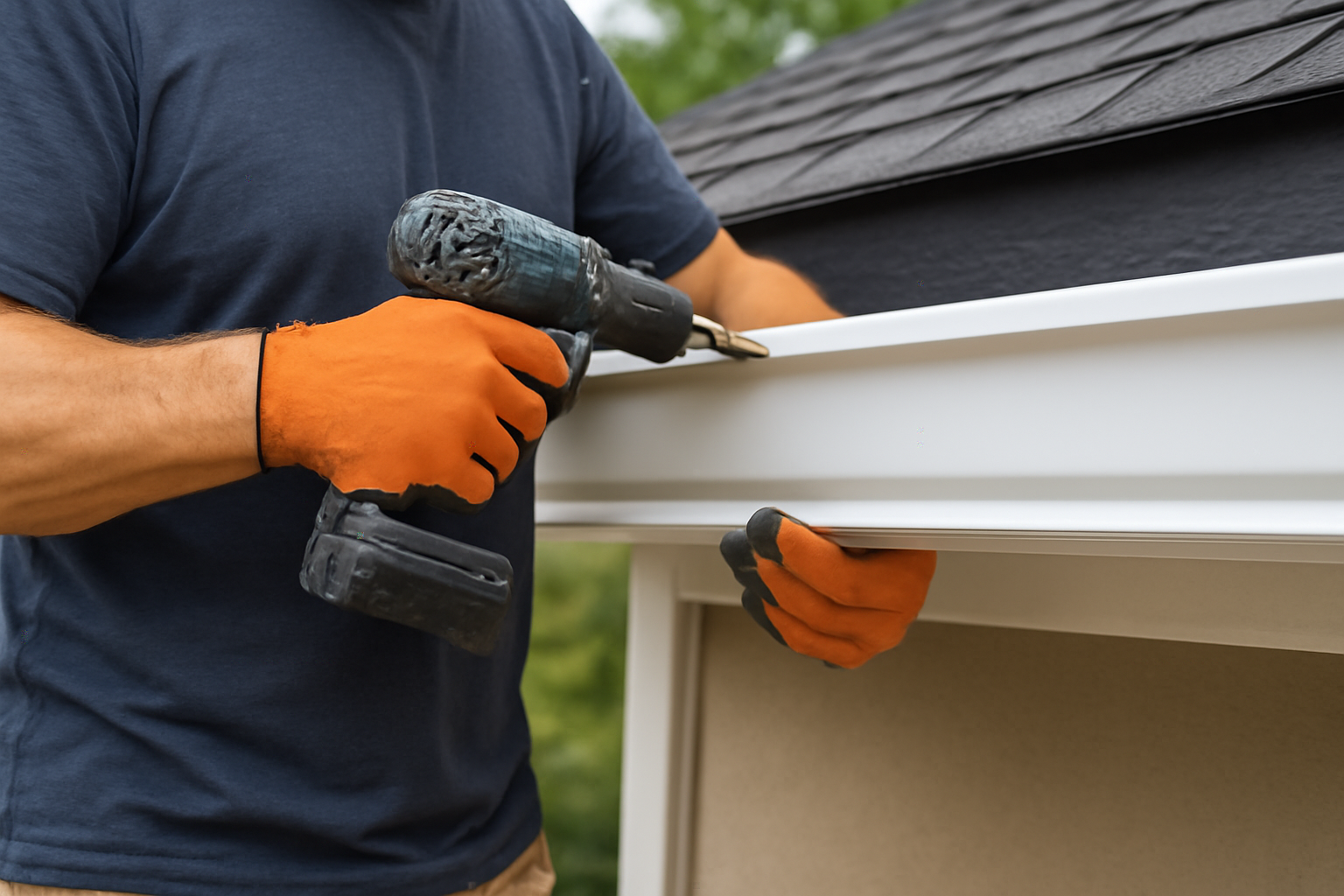 Person installing gutter with a drill, wearing orange gloves.