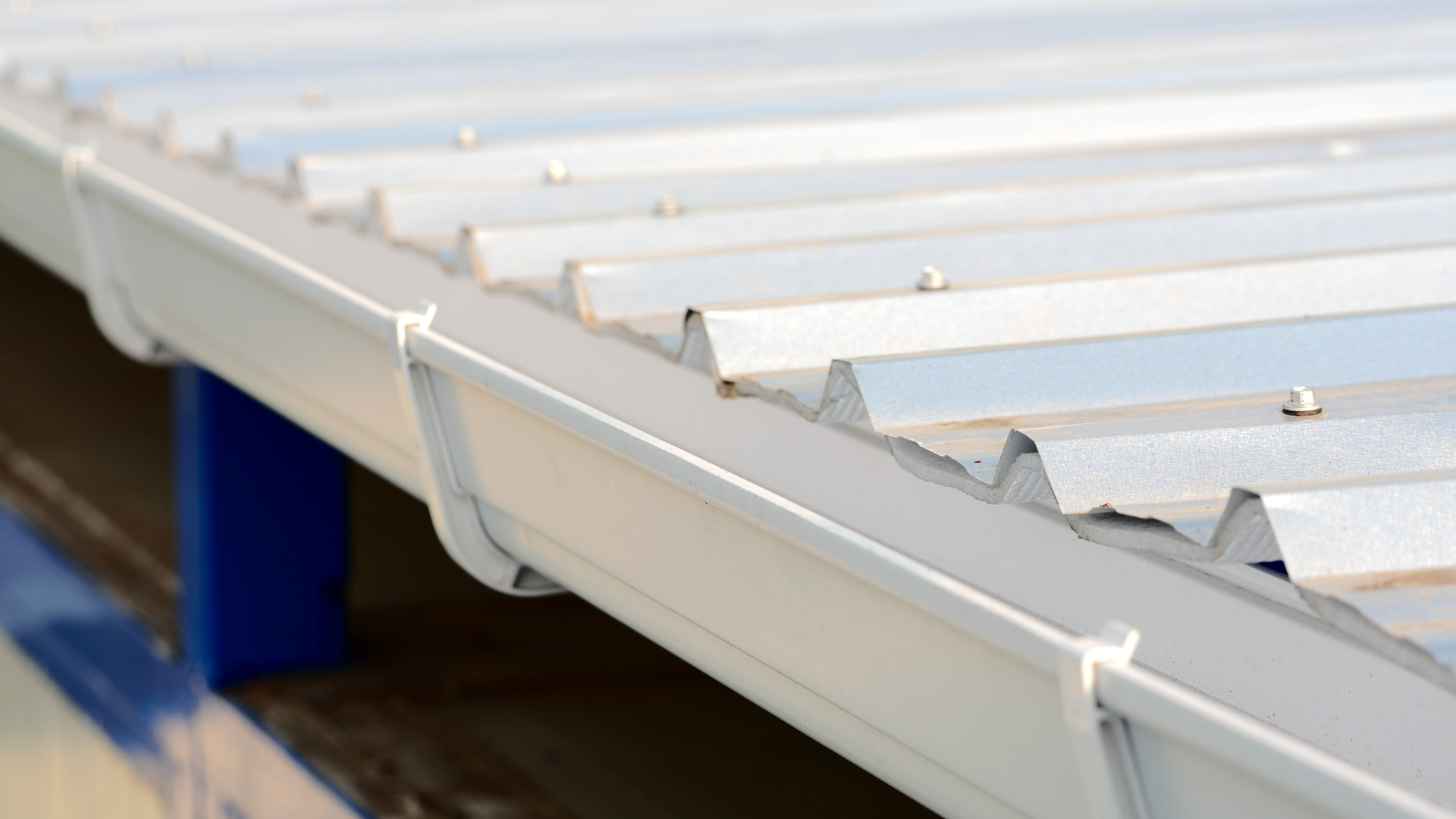 White gutter along a corrugated metal roof edge.