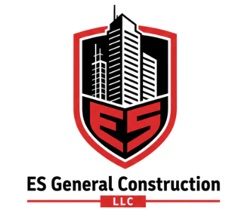 Logo for ES General Construction: Shield with skyscrapers and