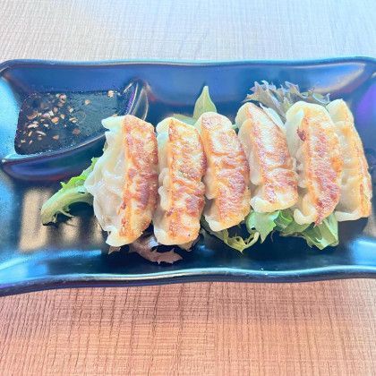 A black plate topped with fried dumplings and lettuce on a table.